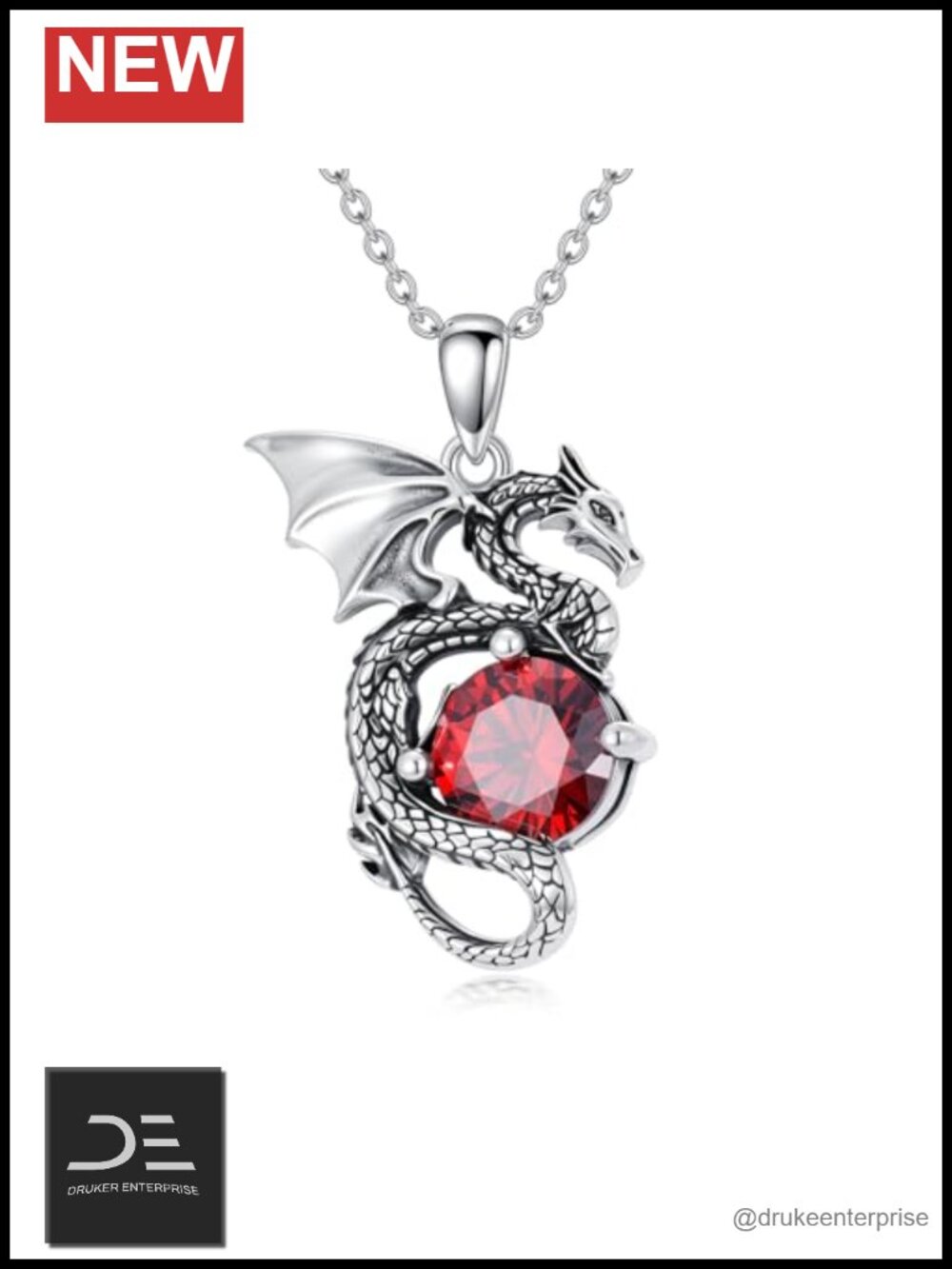 925 Sterling Silver Garnet Dragon Pendant Necklace Vintage 9mm